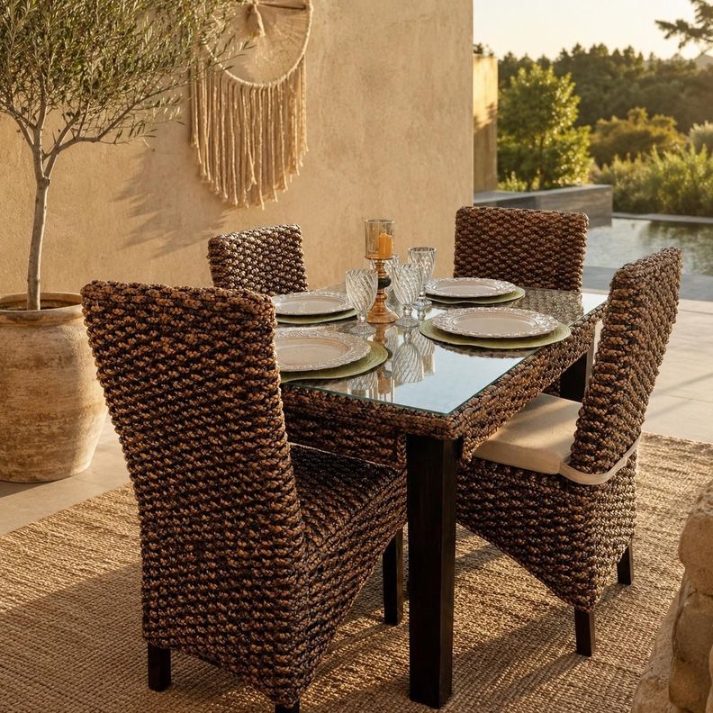 Comedor Rectangilar Para 4 Personas en Rattan Natural, Comedor Terraza o Interior Negro