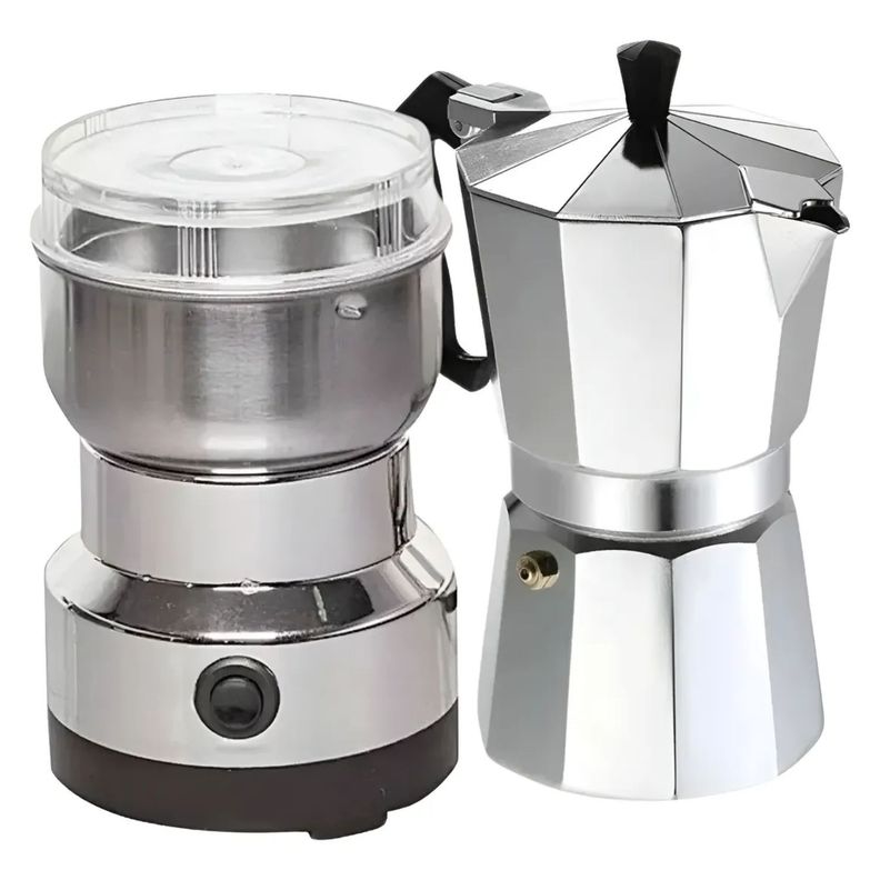 Moledor Eléctrico De Café + Cafetera Italiana Greca 3 Tazas Color Gris