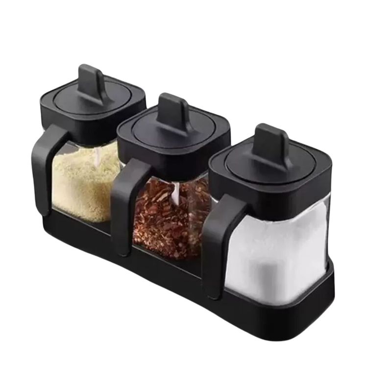 Pack 3 Piezas Set Especieros Cocina Vidrio Tapa Negra-0