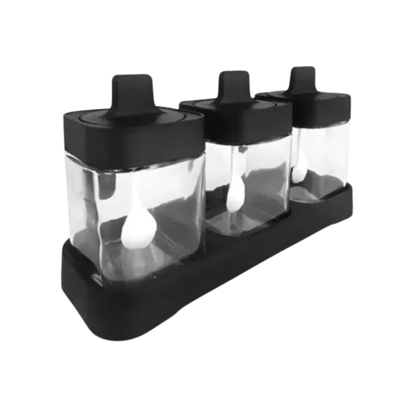 Pack 3 Piezas Set Especieros Cocina Vidrio Tapa Negra-1