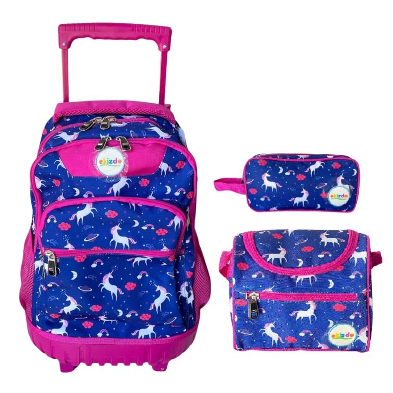 Pack 3 Piezas Mochila Escolar Unicornio Azul Rosa Niños-0
