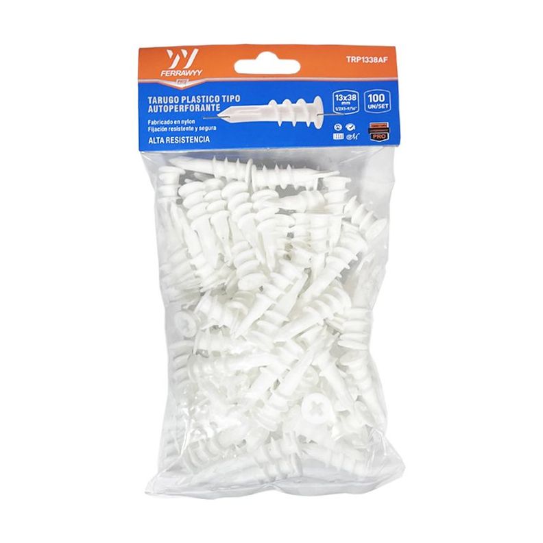 TARUGO PLASTICO TIPO AUTOPERFORANTE 13X38MM 100UN/SET FERRAWYY