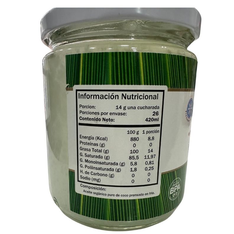 Aceite de coco comestible 100% organico x 420ml-1