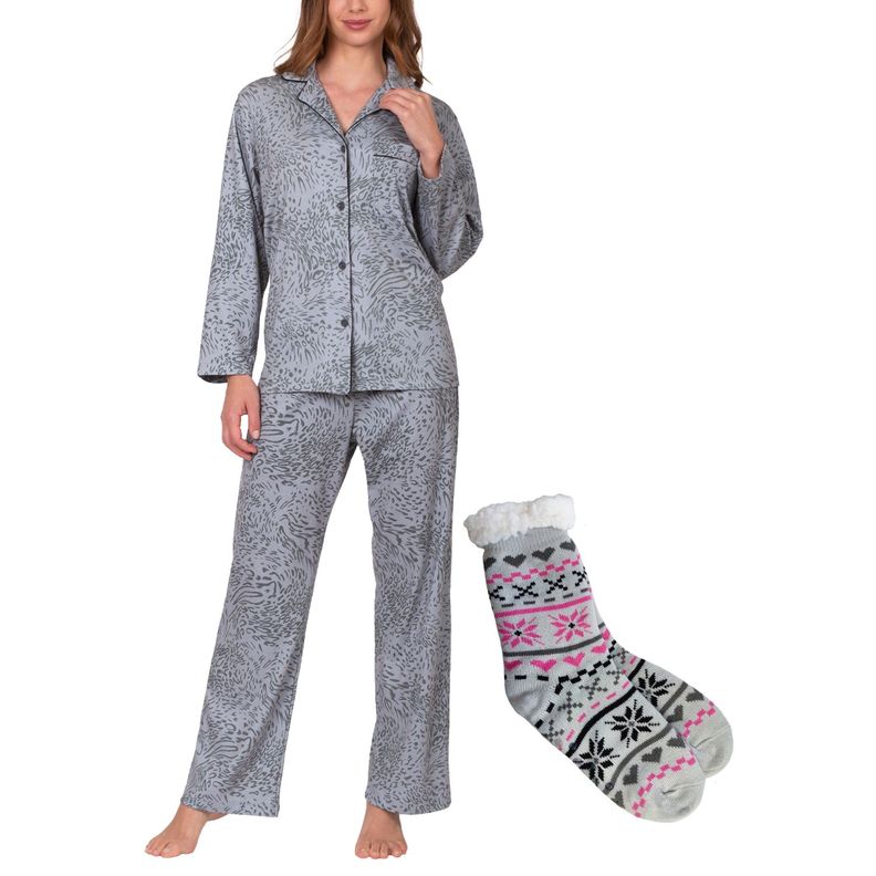 Pack Pijama Botones Animal Print Mujer 8678 + Calcetín Sherpa A294-0