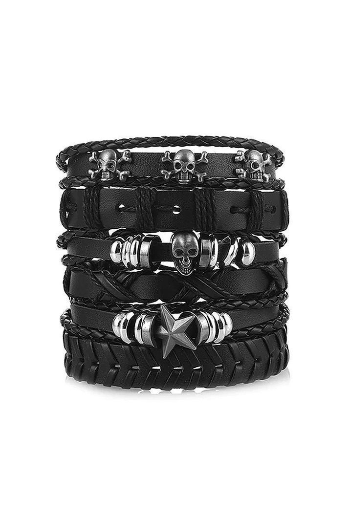 Pulsera Cuero Unisex Negra. Modelo Calaveras y Estrella-0