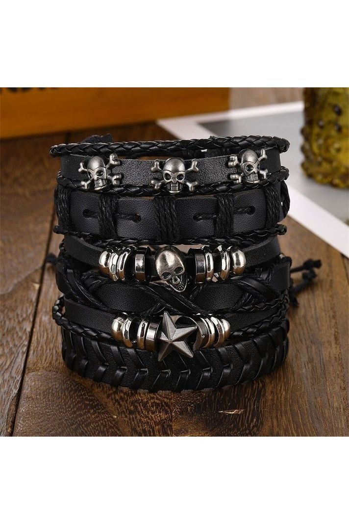 Pulsera Cuero Unisex Negra. Modelo Calaveras y Estrella-4