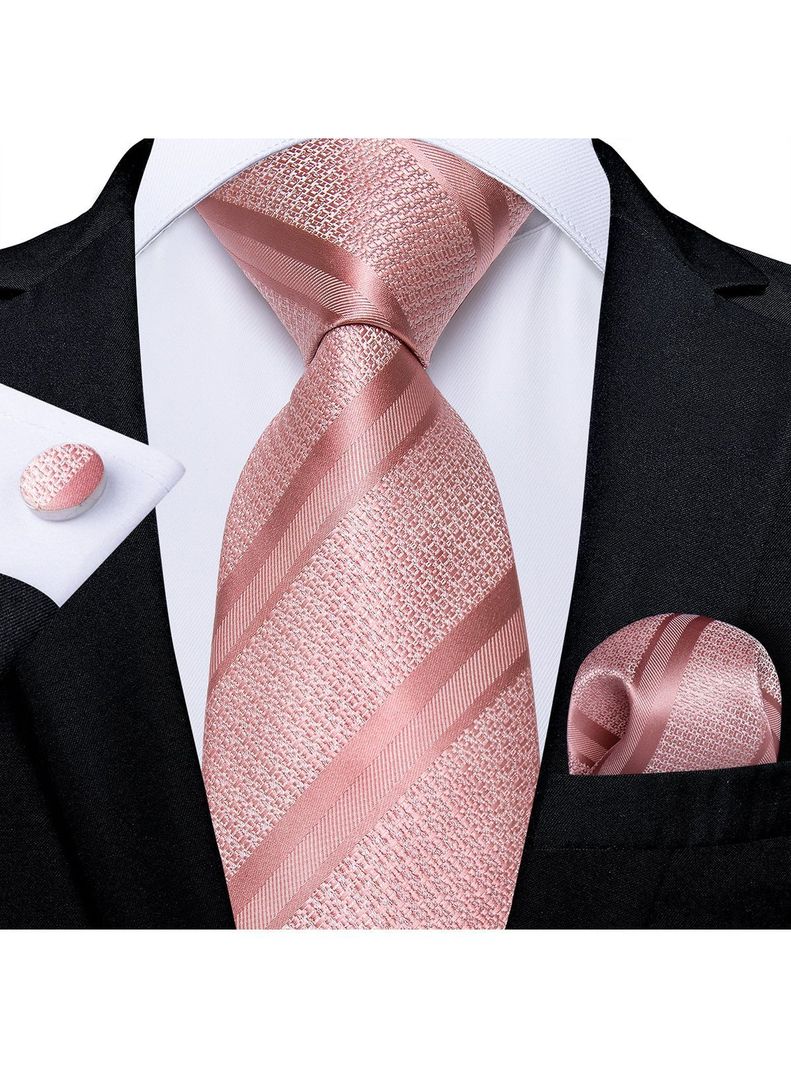 Corbata Hombre Seda + Paño + Colleras formal. Modelo Oro Rosa-1