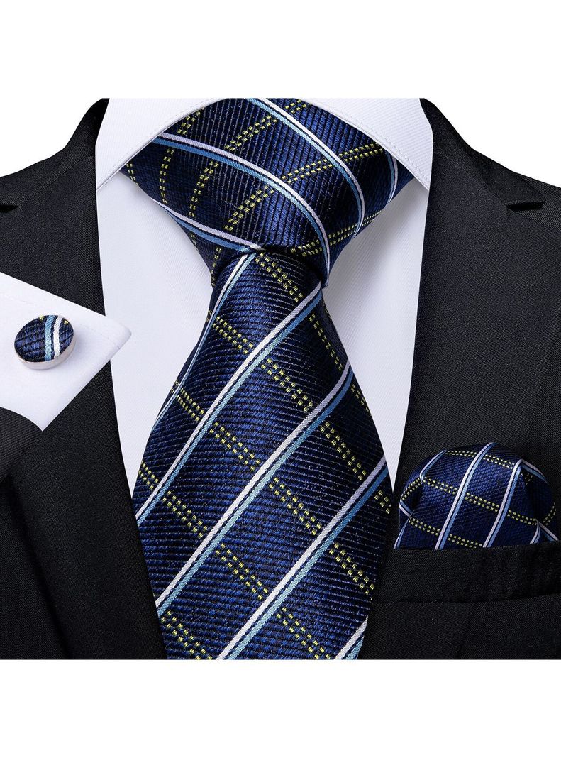 Corbata Hombre Seda + Paño + Colleras formal. Modelo Oceano Azul-1
