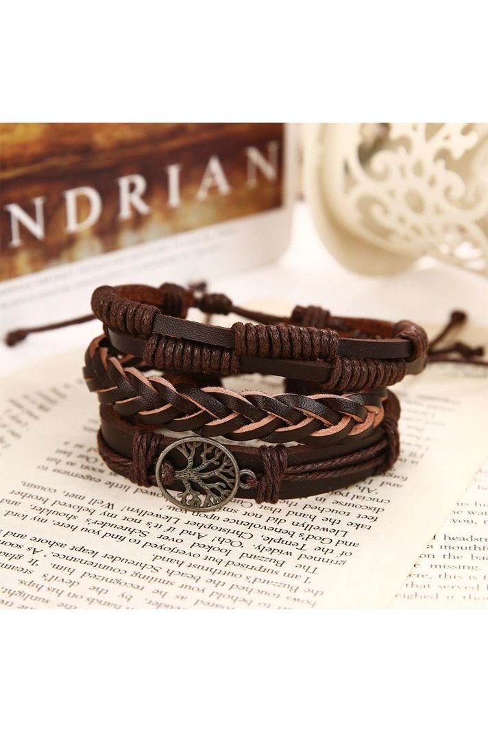 Pulsera Cuero Café Unisex. Modelo Árbol de la Vida-3