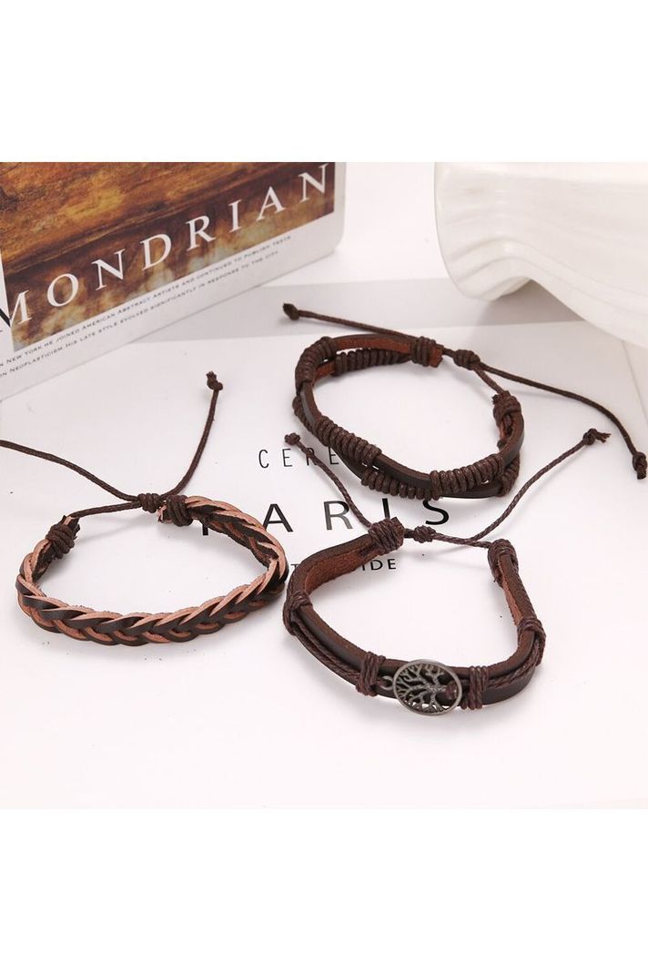 Pulsera Cuero Café Unisex. Modelo Árbol de la Vida-1