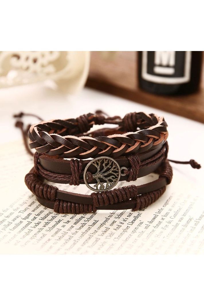 Pulsera Cuero Café Unisex. Modelo Árbol de la Vida-2