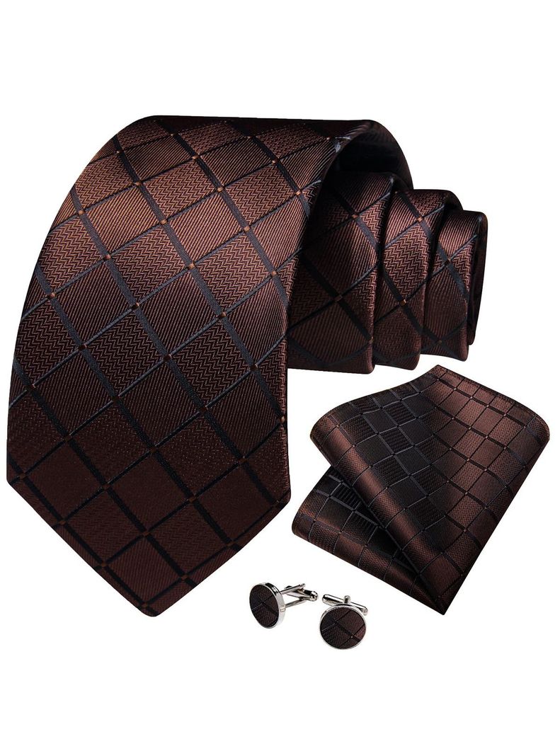 Corbata Café Hombre Seda con paño y colleras. Modelo Café Chocolate Oscuro-0