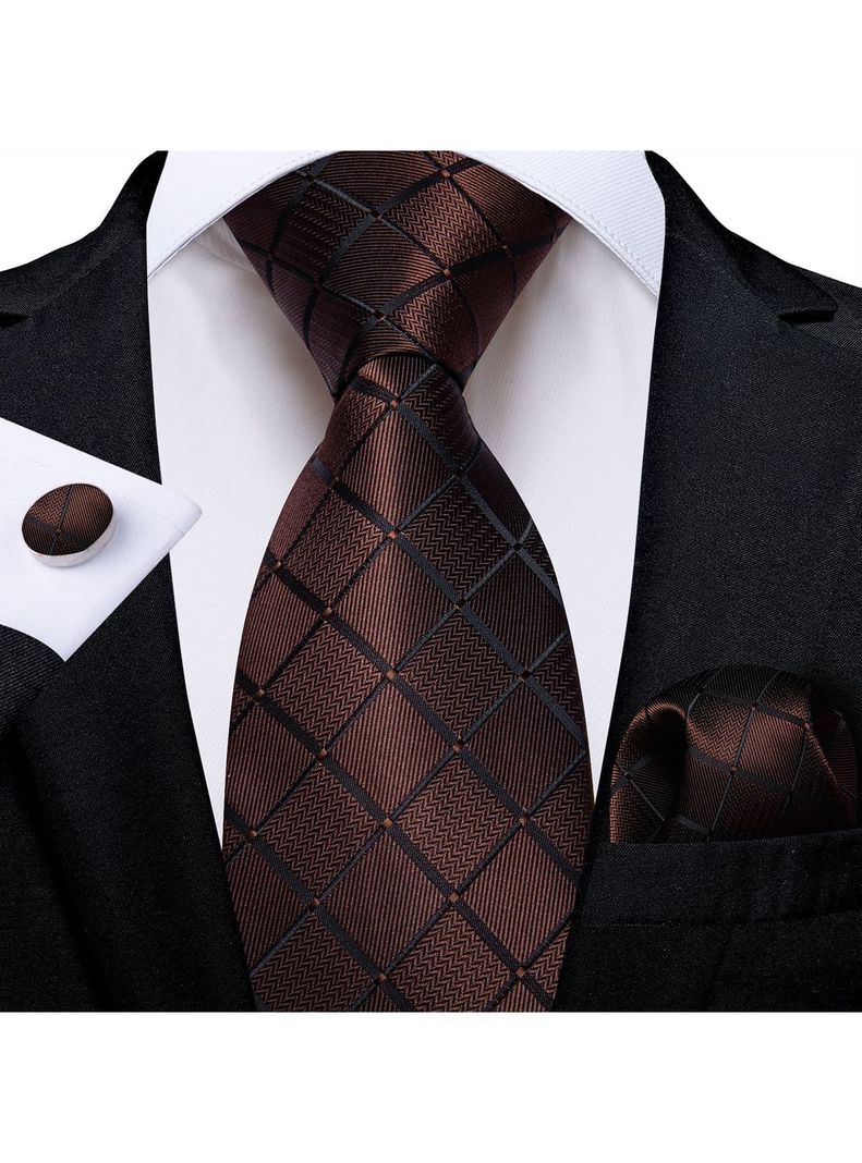 Corbata Café Hombre Seda con paño y colleras. Modelo Café Chocolate Oscuro-1