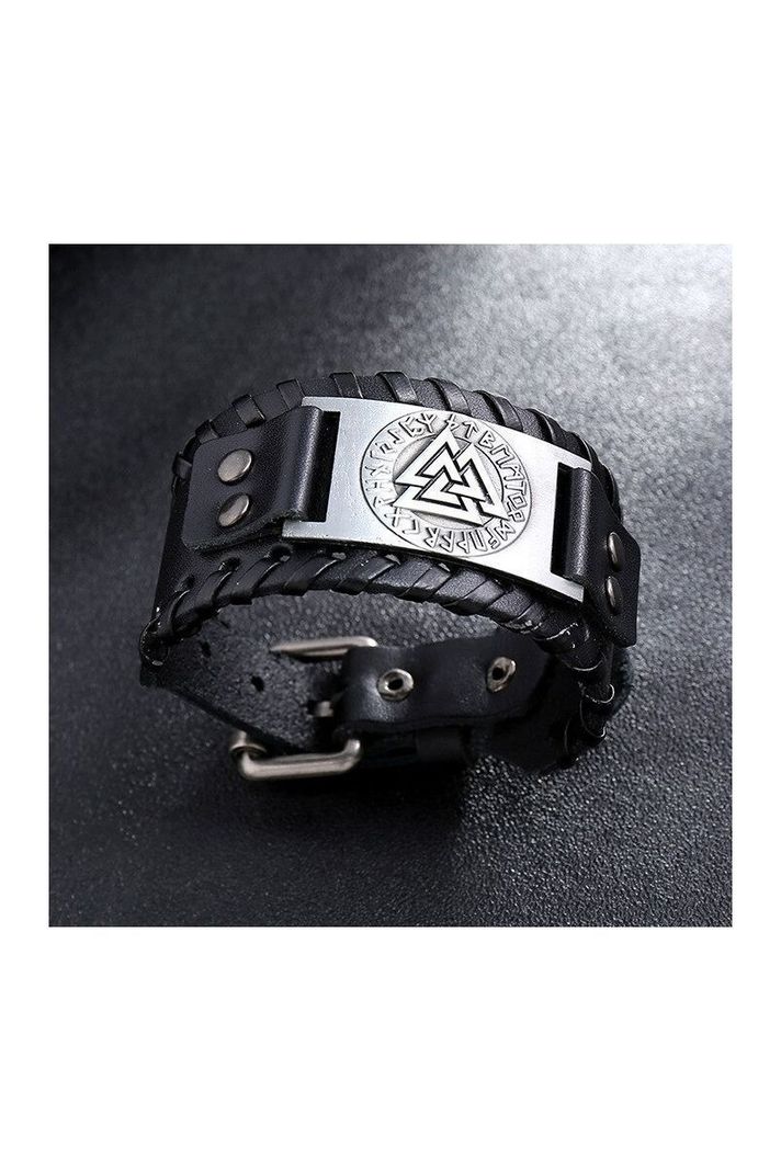 Pulsera cuero ajustable. Modelo Valknut Vikingo Negro-2