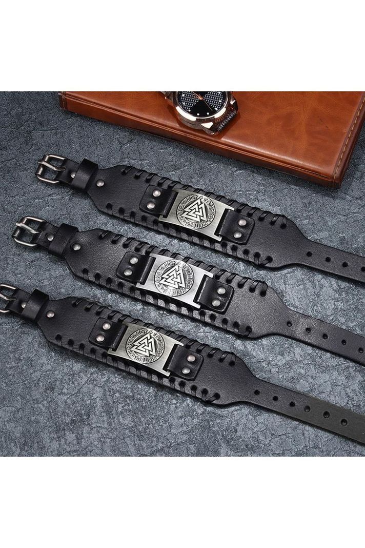 Pulsera cuero ajustable. Modelo Valknut Vikingo Negro-3
