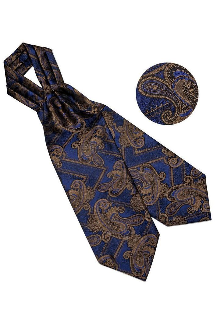 Set Corbata Gruesa Ascot + Paño + Collera formal hombre. Azul Otoño-3