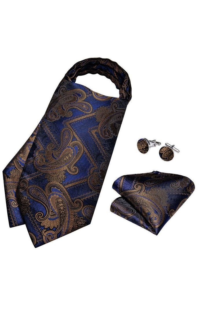 Set Corbata Gruesa Ascot + Paño + Collera formal hombre. Azul Otoño-1