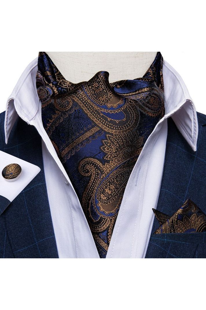 Set Corbata Gruesa Ascot + Paño + Collera formal hombre. Azul Otoño-2