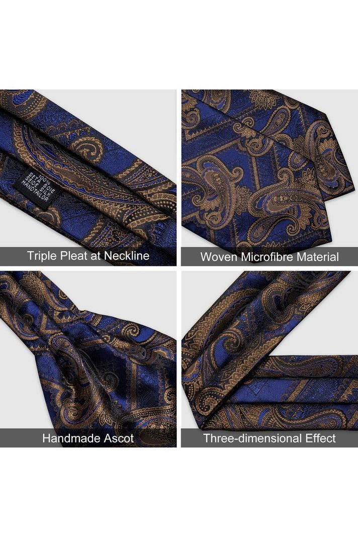 Set Corbata Gruesa Ascot + Paño + Collera formal hombre. Azul Otoño-4