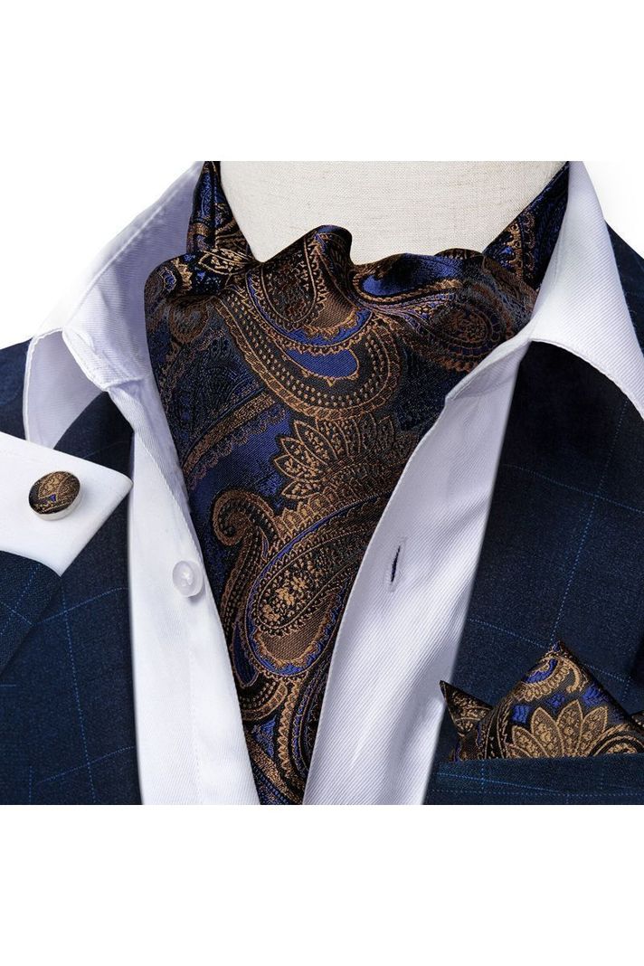 Set Corbata Gruesa Ascot + Paño + Collera formal hombre. Azul Otoño-0