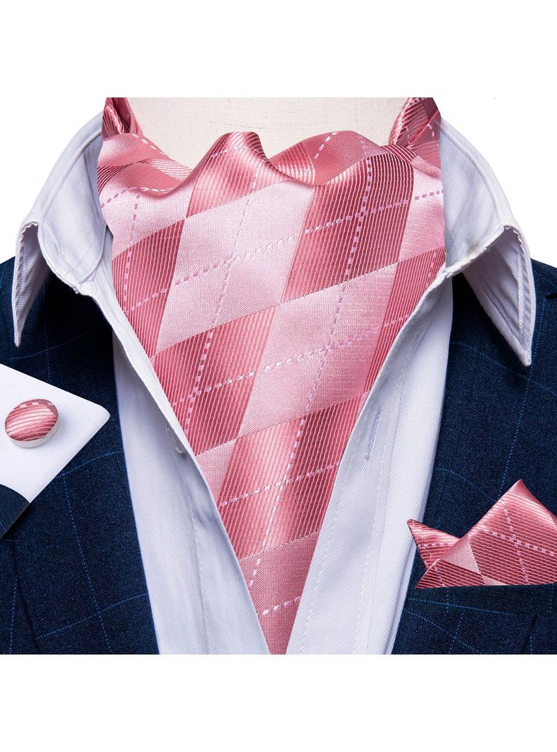 Corbata Gruesa Ascot + Paño + Colleras hombre. Rosado Rombos-0