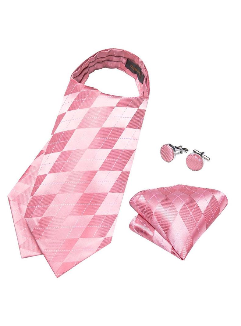 Corbata Gruesa Ascot + Paño + Colleras hombre. Rosado Rombos-1
