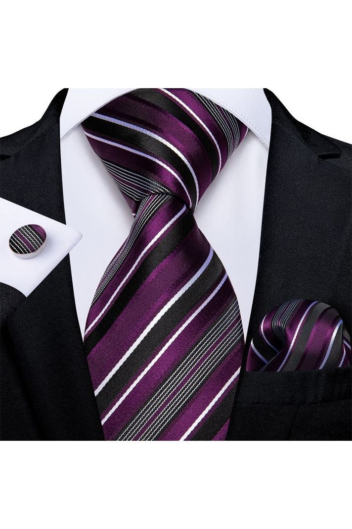 Set Corbata + Paño + Collera formal hombre. Modelo Morado Rayas-1