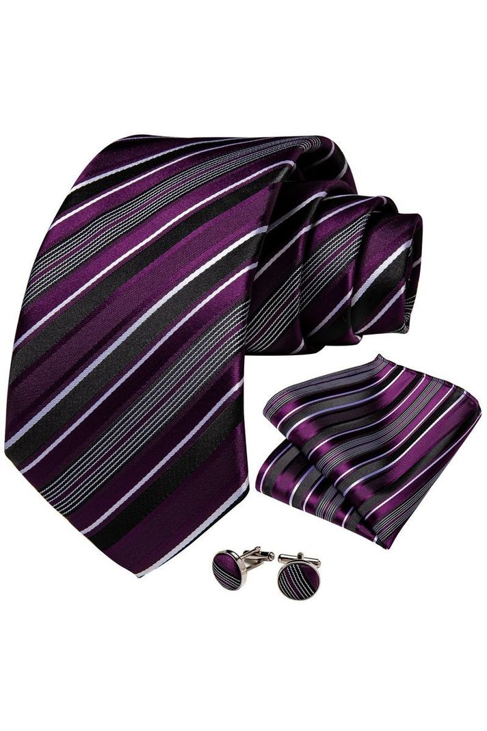 Set Corbata + Paño + Collera formal hombre. Modelo Morado Rayas-0
