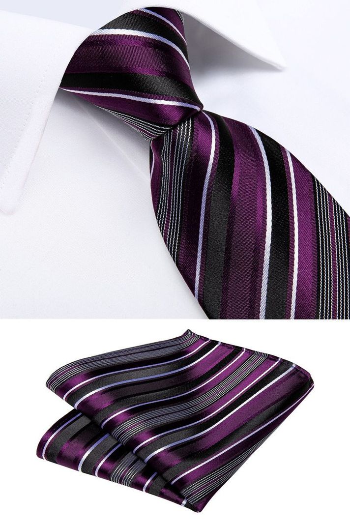 Set Corbata + Paño + Collera formal hombre. Modelo Morado Rayas-3