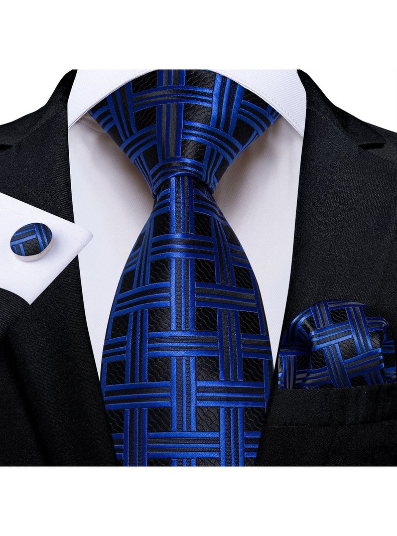 Corbata Azul y Negra Hombre con paño y colleras. Modelo Black and Blue Retro-1