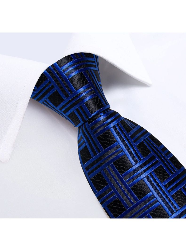 Corbata Azul y Negra Hombre con paño y colleras. Modelo Black and Blue Retro-2