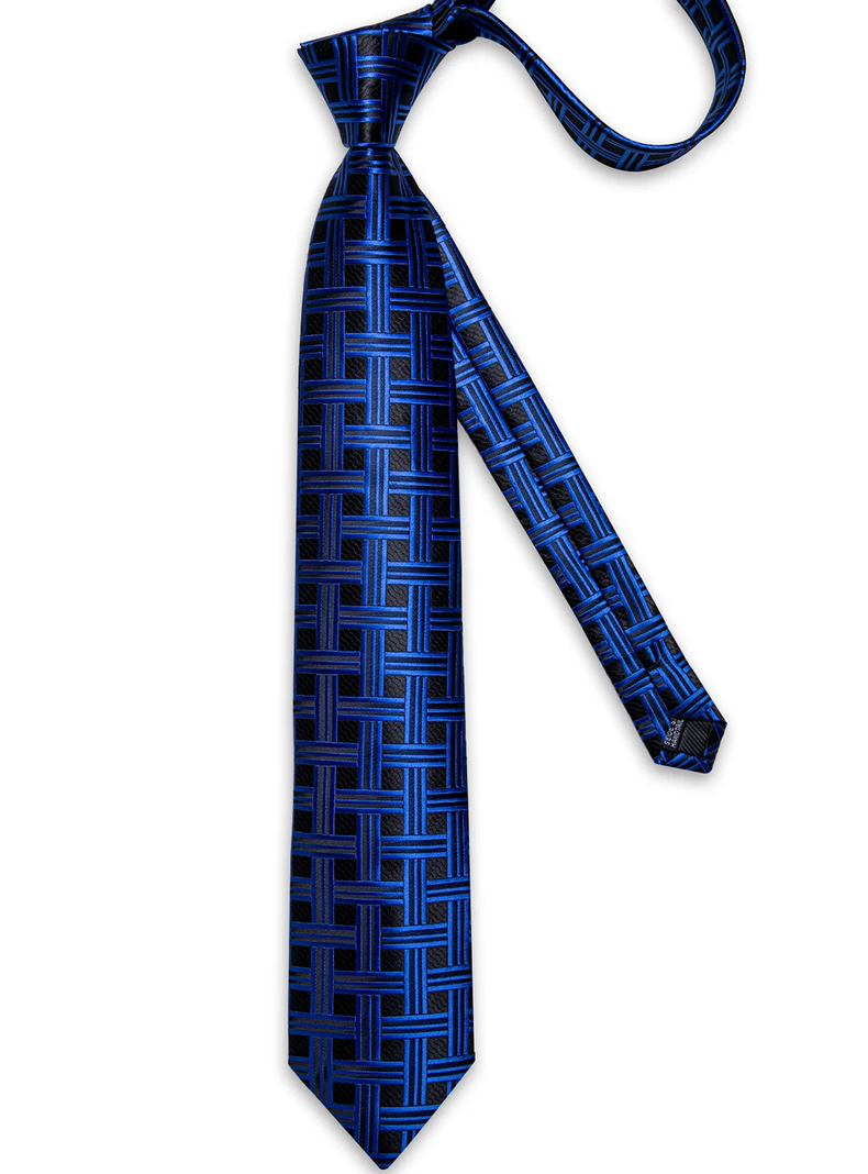 Corbata Azul y Negra Hombre con paño y colleras. Modelo Black and Blue Retro-5