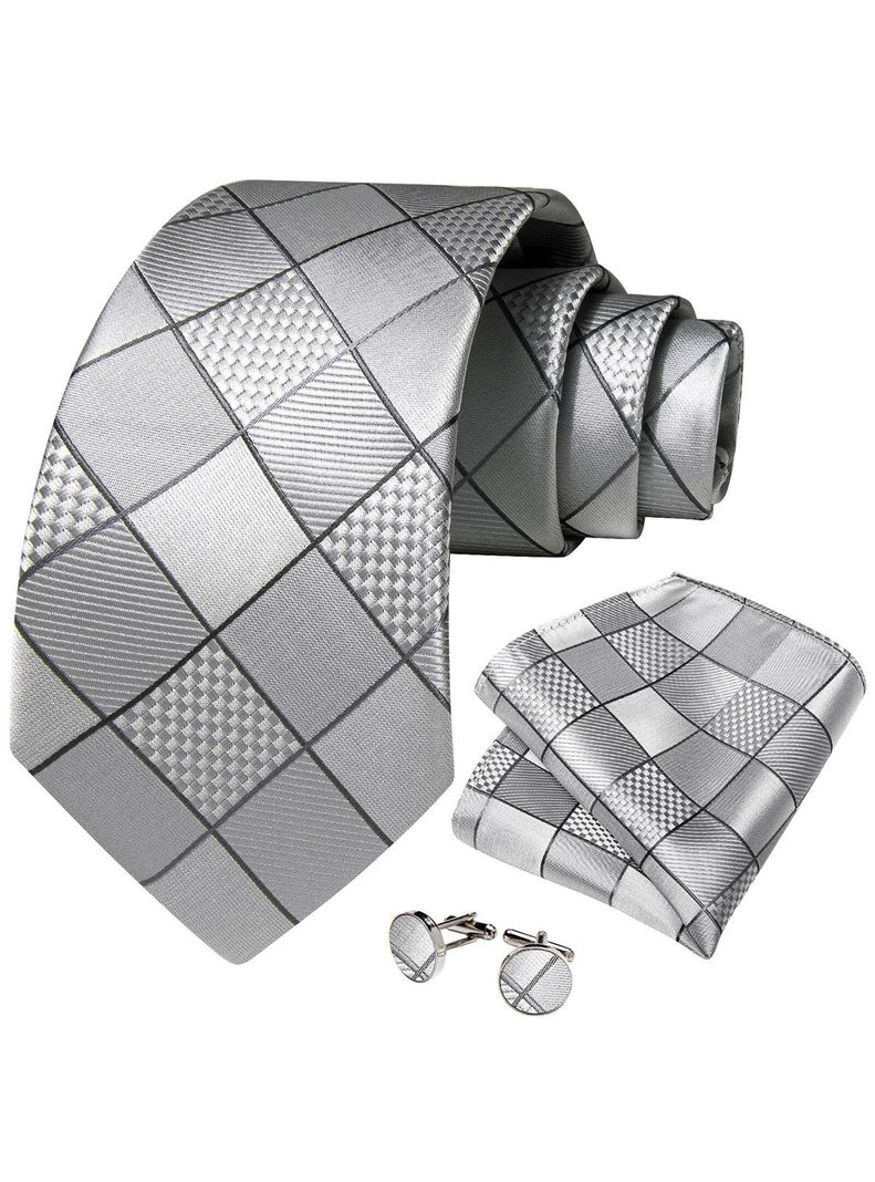 Corbata Hombre Seda + Paño + Colleras formal. Modelo Cuadros Gris y Plateado-0
