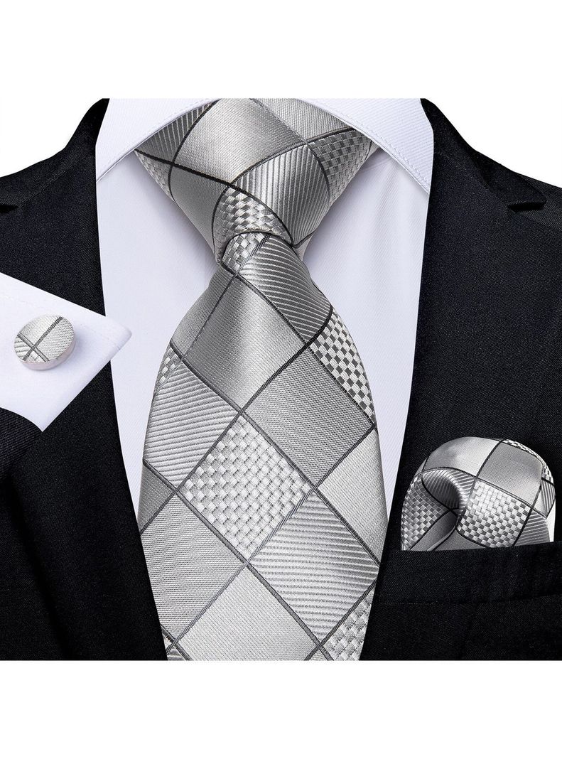 Corbata Hombre Seda + Paño + Colleras formal. Modelo Cuadros Gris y Plateado-1