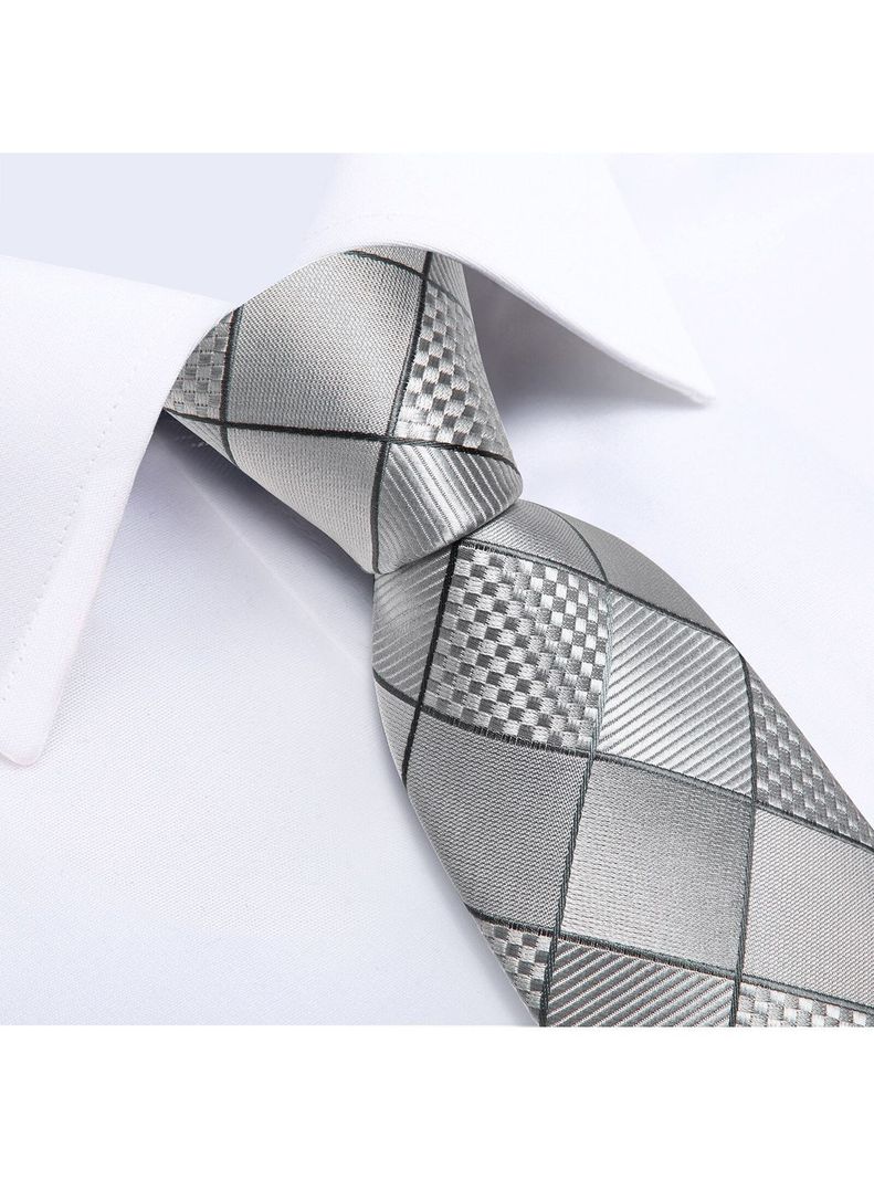 Corbata Hombre Seda + Paño + Colleras formal. Modelo Cuadros Gris y Plateado-2