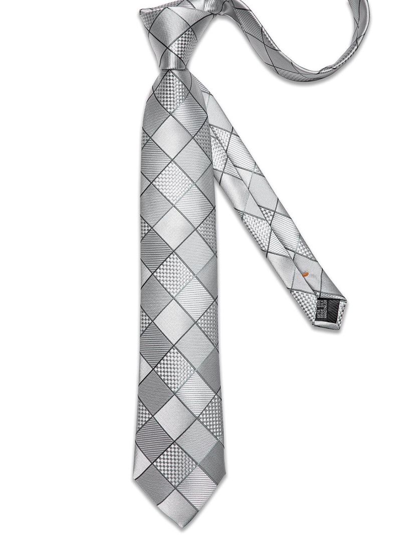 Corbata Hombre Seda + Paño + Colleras formal. Modelo Cuadros Gris y Plateado-3