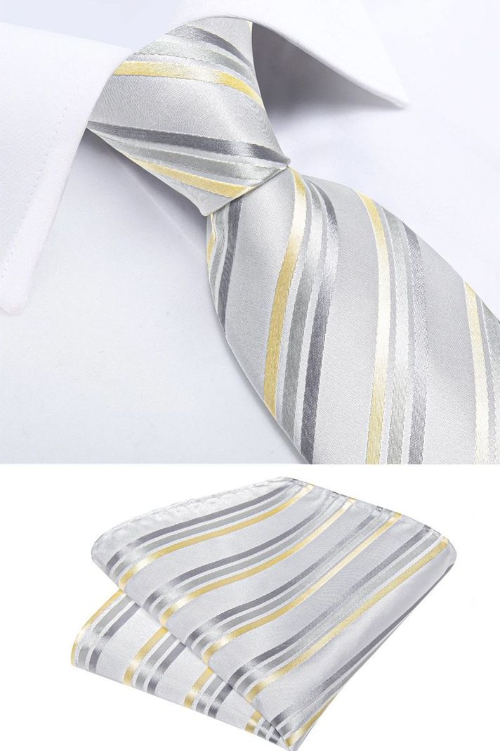 Corbata Hombre Seda + Paño + Colleras formal. Modelo White Golden-3