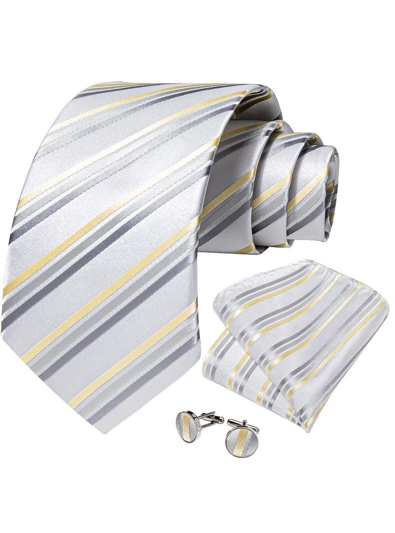 Corbata Hombre Seda + Paño + Colleras formal. Modelo White Golden-0