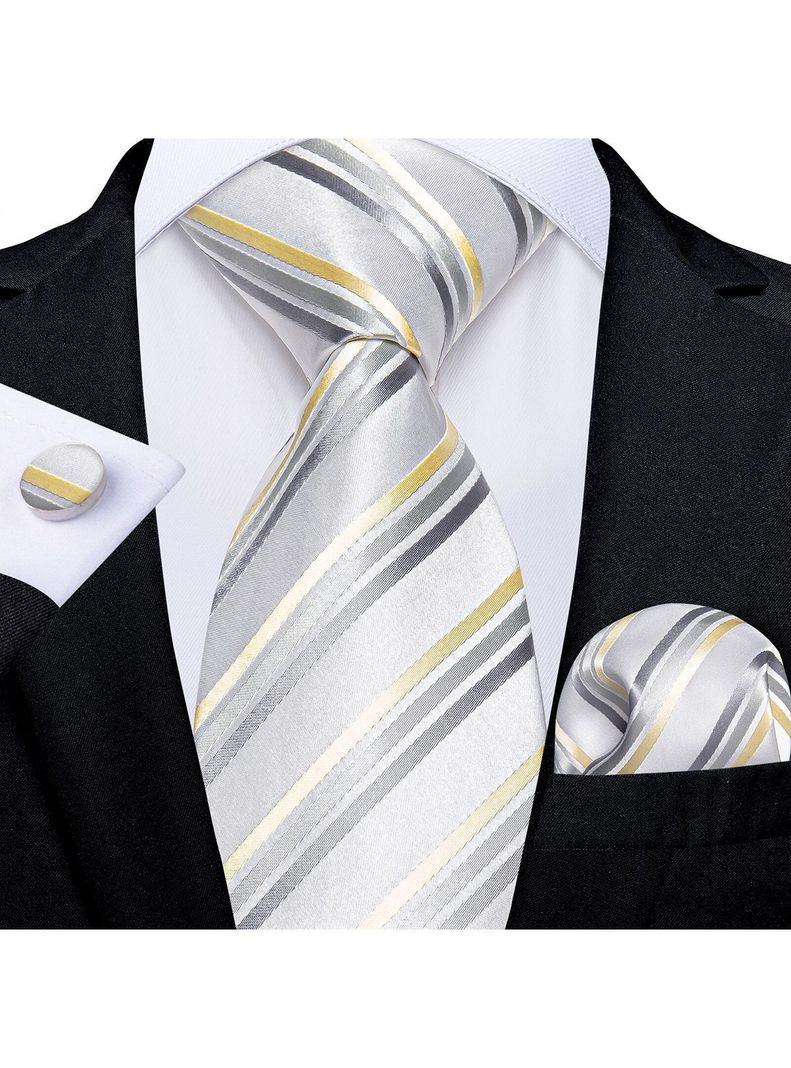 Corbata Hombre Seda + Paño + Colleras formal. Modelo White Golden-1