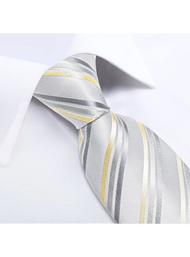 Corbata Hombre Seda + Paño + Colleras formal. Modelo White Golden-2
