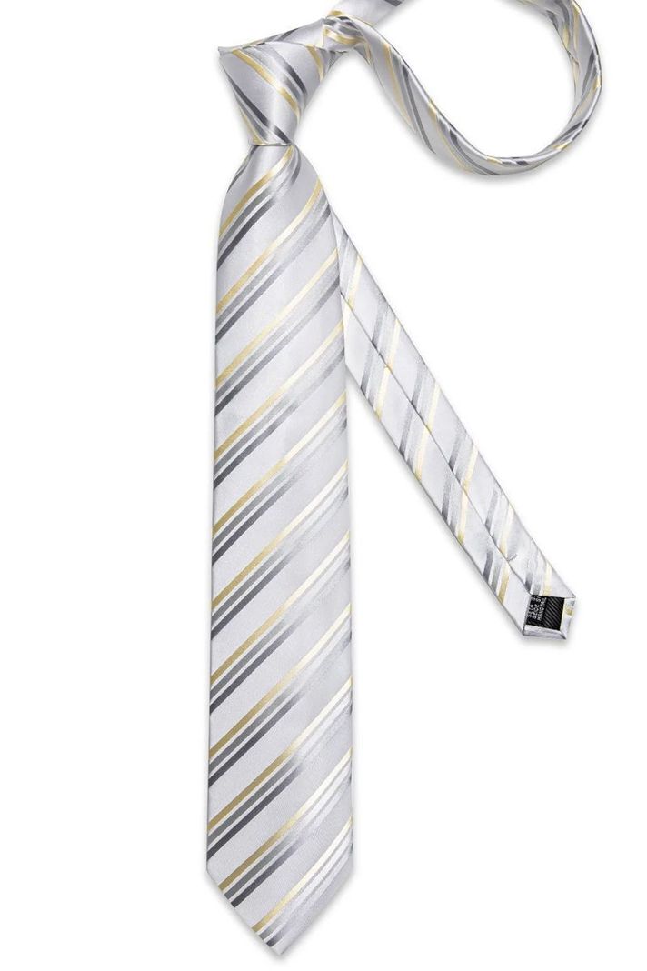 Corbata Hombre Seda + Paño + Colleras formal. Modelo White Golden-5