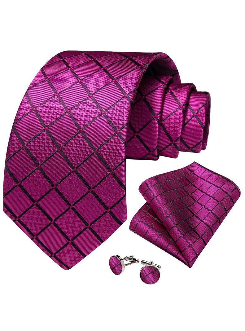 Corbata Fucsia Seda Hombre con paño y colleras. Modelo Sangre Fuscia-0
