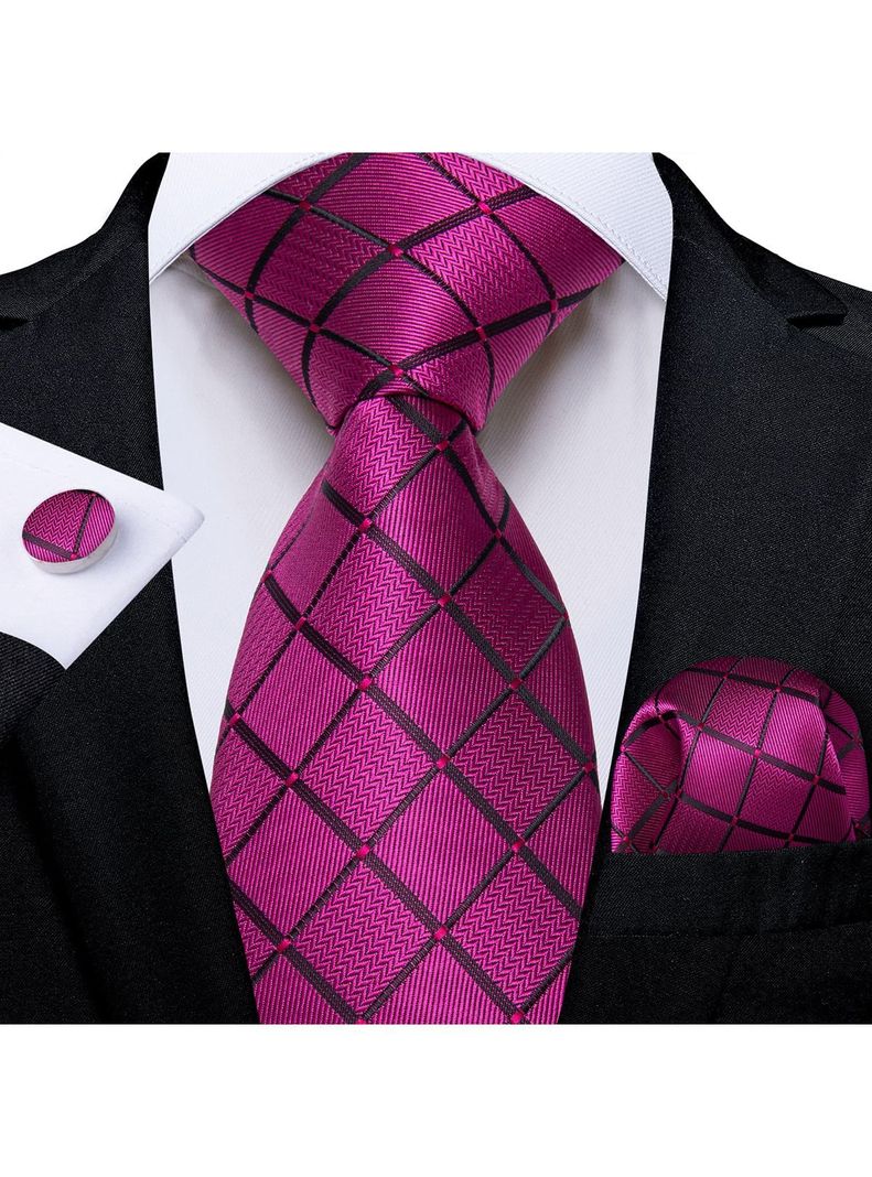 Corbata Fucsia Seda Hombre con paño y colleras. Modelo Sangre Fuscia-1