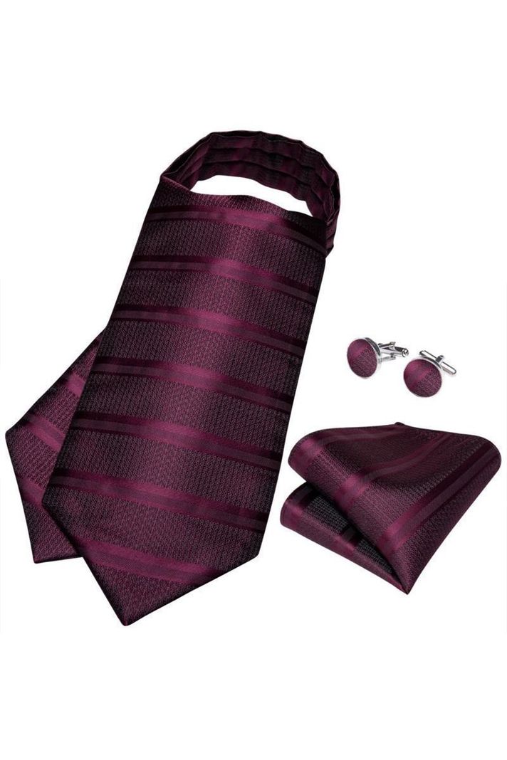 Set Corbata Gruesa Ascot + Paño + Collera formal hombre. Uva Negra-1