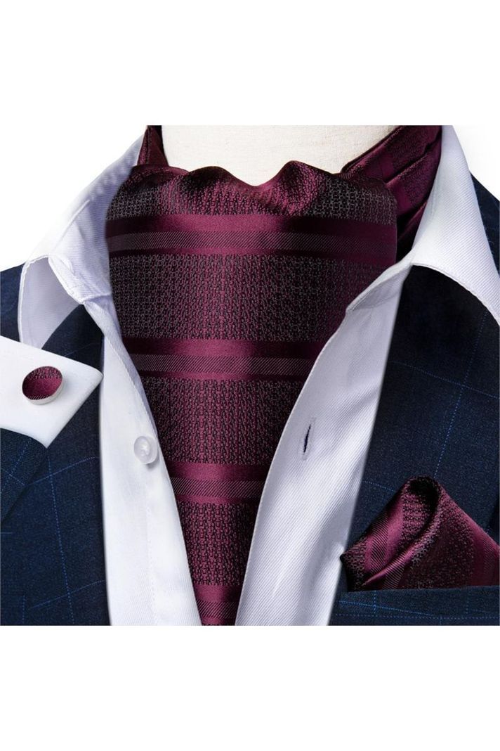 Set Corbata Gruesa Ascot + Paño + Collera formal hombre. Uva Negra-0
