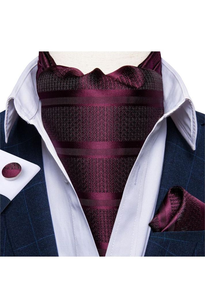 Set Corbata Gruesa Ascot + Paño + Collera formal hombre. Uva Negra-2