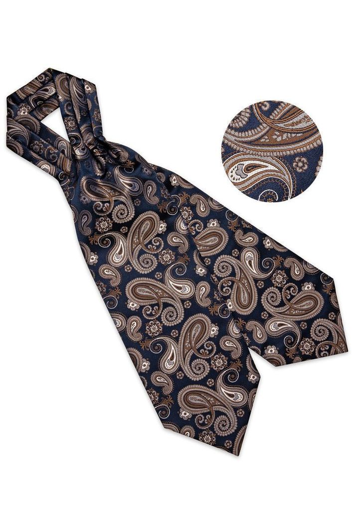 Set Corbata Gruesa Ascot + Paño + Collera formal hombre. Azul y Café-2