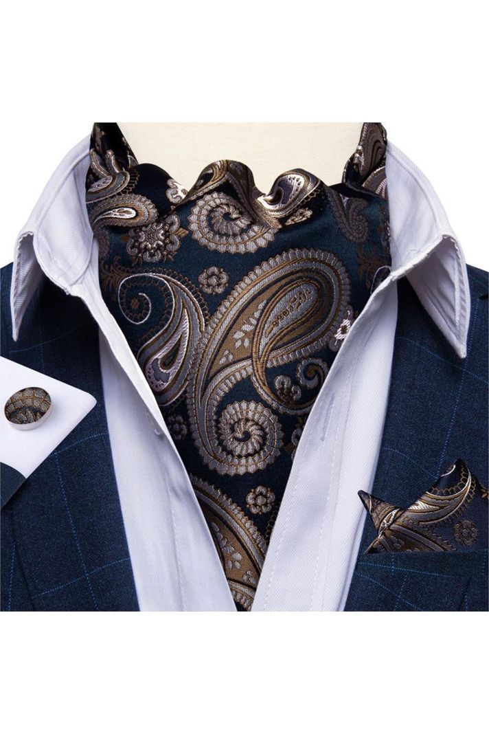 Set Corbata Gruesa Ascot + Paño + Collera formal hombre. Azul y Café-0