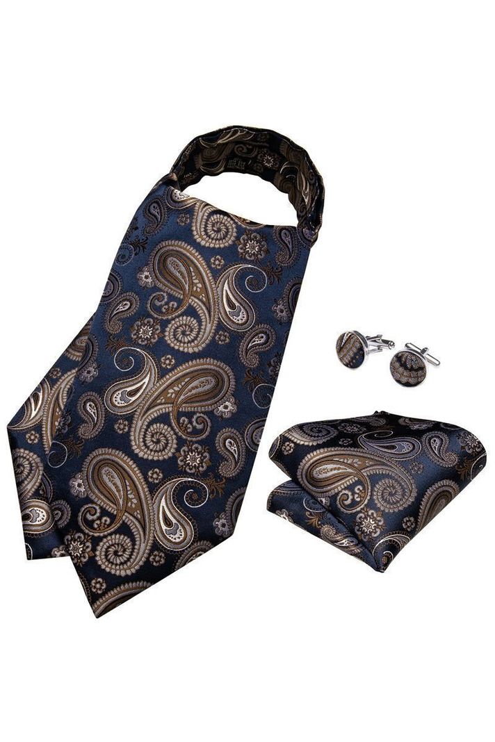 Set Corbata Gruesa Ascot + Paño + Collera formal hombre. Azul y Café-1