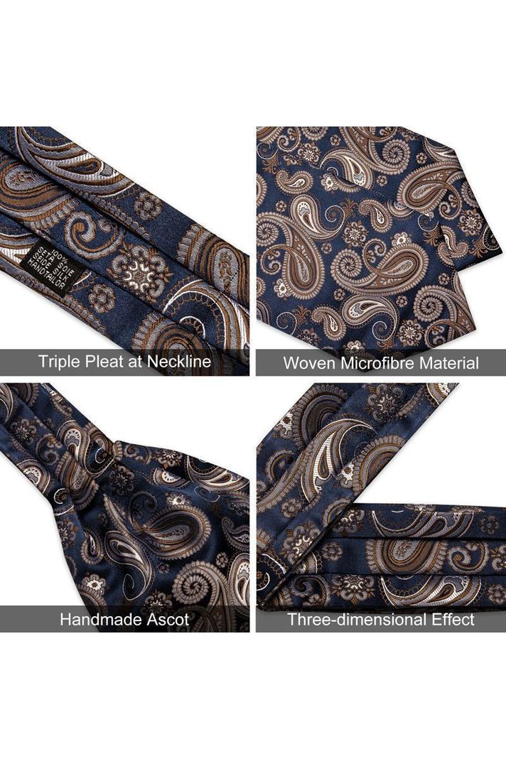 Set Corbata Gruesa Ascot + Paño + Collera formal hombre. Azul y Café-3
